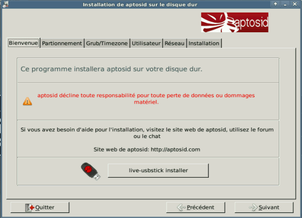 Welcome tab - aptosid Installer l'installeur de aptosid - 1