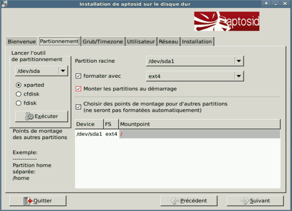 Partitioning tab - aptosid Installer l'installeur de aptosid - 2
