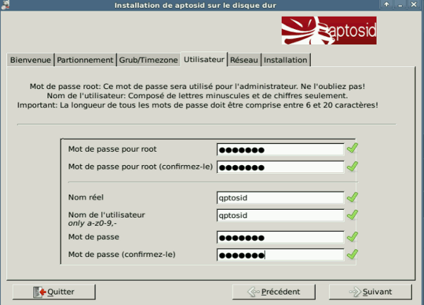 User/Password tab - aptosid Installer choosing-pw