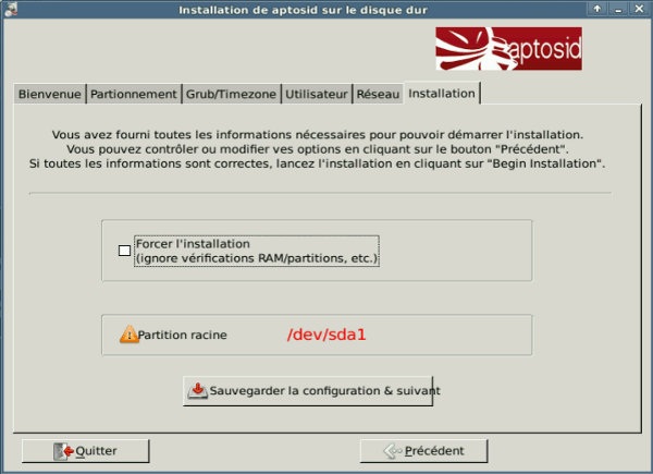 Installation tab - aptosid Installer installation-config