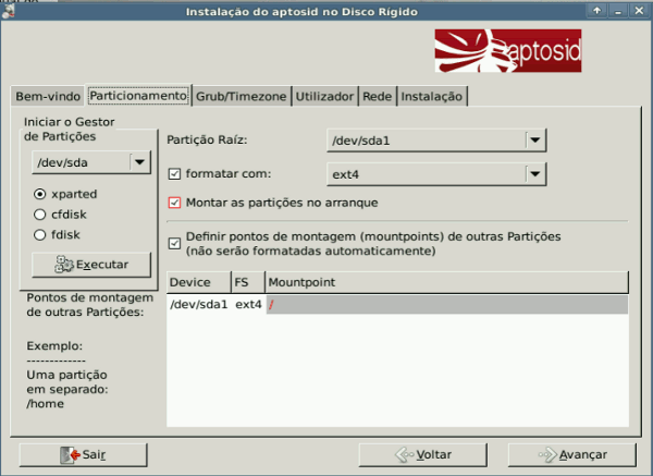 Partitioning tab - aptosid Installer aptosid-Installer2