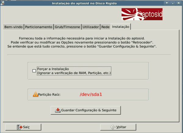 Installation tab - aptosid Installer installation-config